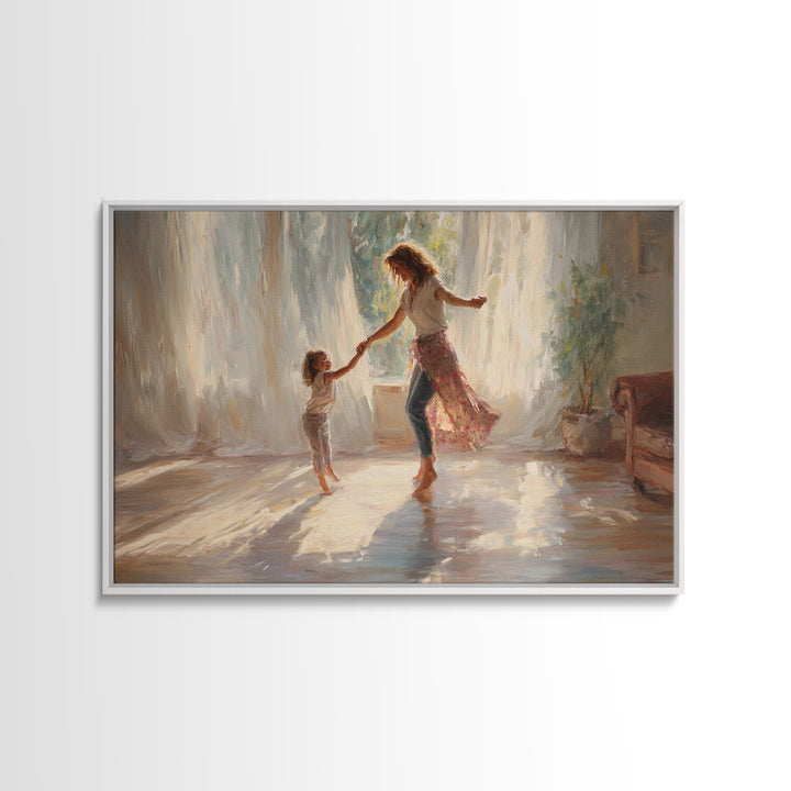 Sunlit Mother And Daughter Dancing Wall Art, Impressionist Family Painting, Feminine Bedroom Decor, Gift For Mom, Home Decor