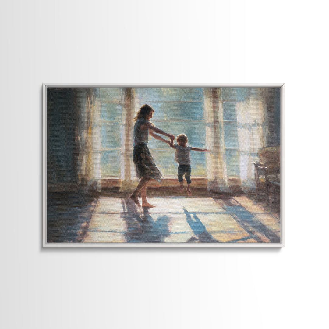 Mother Lifting Toddler In Sunlit Windows Framed Canvas Print, Impressionist Family Wall Decor, Nursery Art, Gift For Her