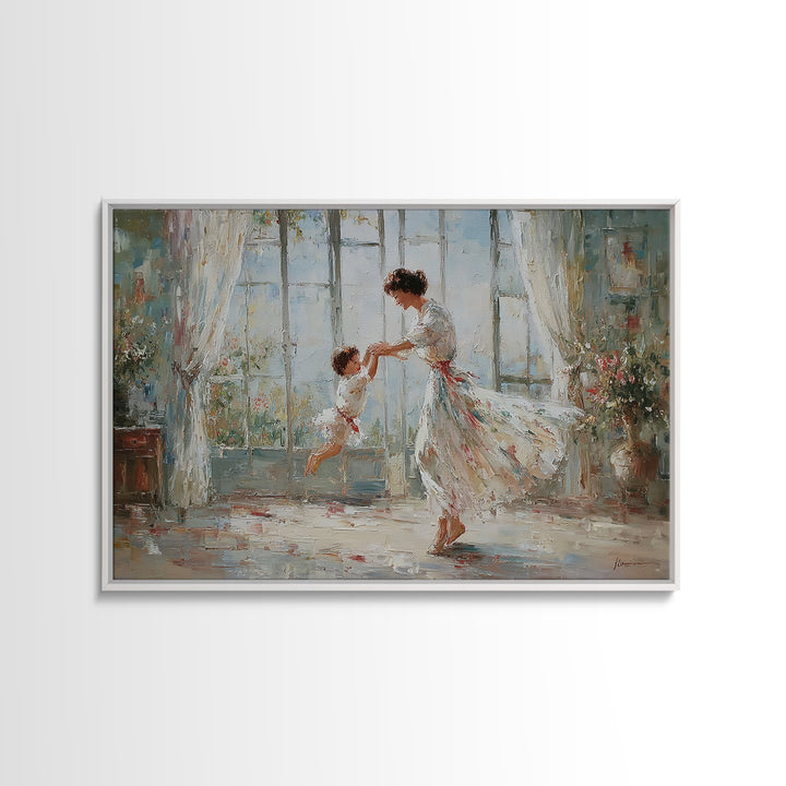 Mother And Child Dancing In Bright Floral Room Wall Art, Impressionist Family Painting, Feminine Decor, Gift For Her, Fine Art