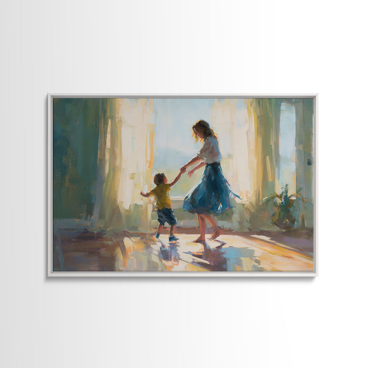 Mother Dancing With Little Boy In Sunlit Room Canvas Print, Impressionist Family Wall Decor, Bedroom Art, Gift For Mom, Home Decor