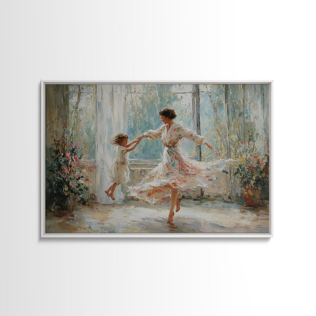 Mother And Daughter Twirling In Sunlit Flower Room Wall Art, Impressionist Family Painting, Feminine Decor, Gift For Mom