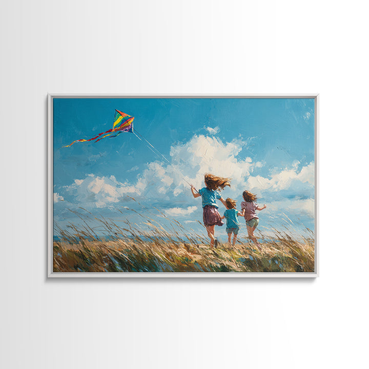 Three Children Running With Rainbow Kite Canvas Print, Breezy Coastal Field Wall Art, Kids Room Decor, Nursery Art, Gift For Her