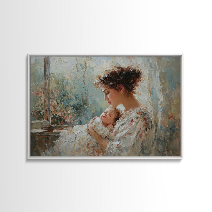 Mother Cradling Sleeping Newborn By Garden Window Framed Canvas Print, Feminine Wall Art, Baby Nursery Decor, Gift For Mom