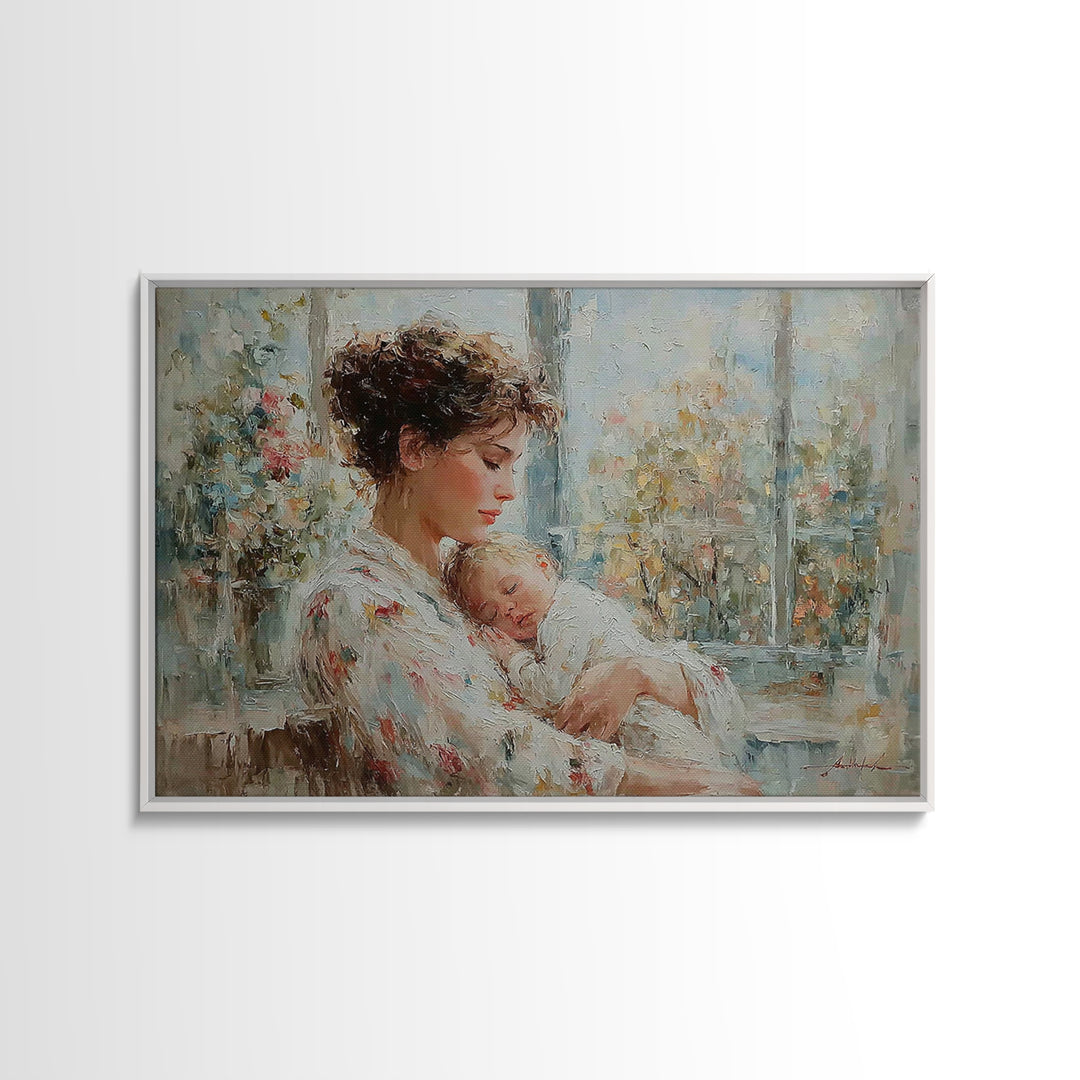 Tender Mother Holding Sleeping Baby Beside Bright Window Wall Art, Impressionist Nursery Decor, Feminine Art, Gift For Her