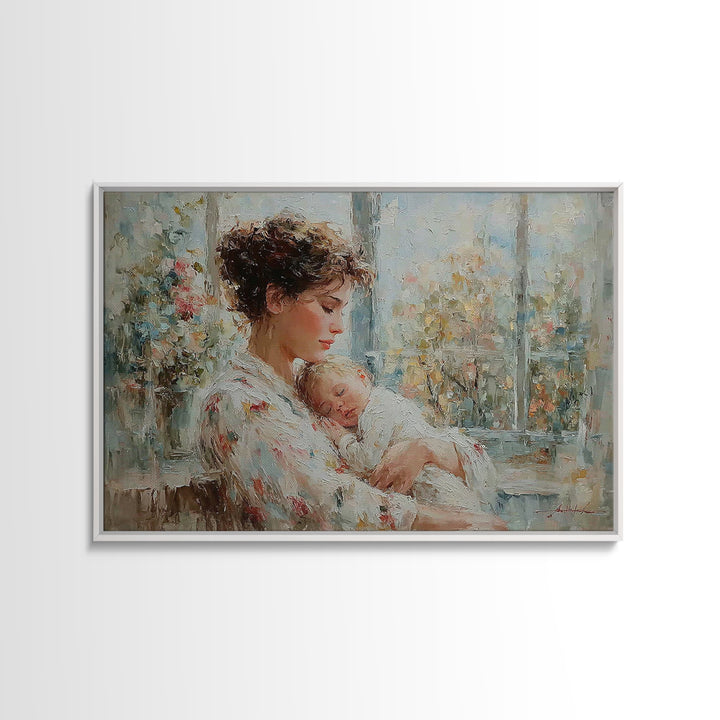 Tender Mother Holding Sleeping Baby Beside Bright Window Wall Art, Impressionist Nursery Decor, Feminine Art, Gift For Her