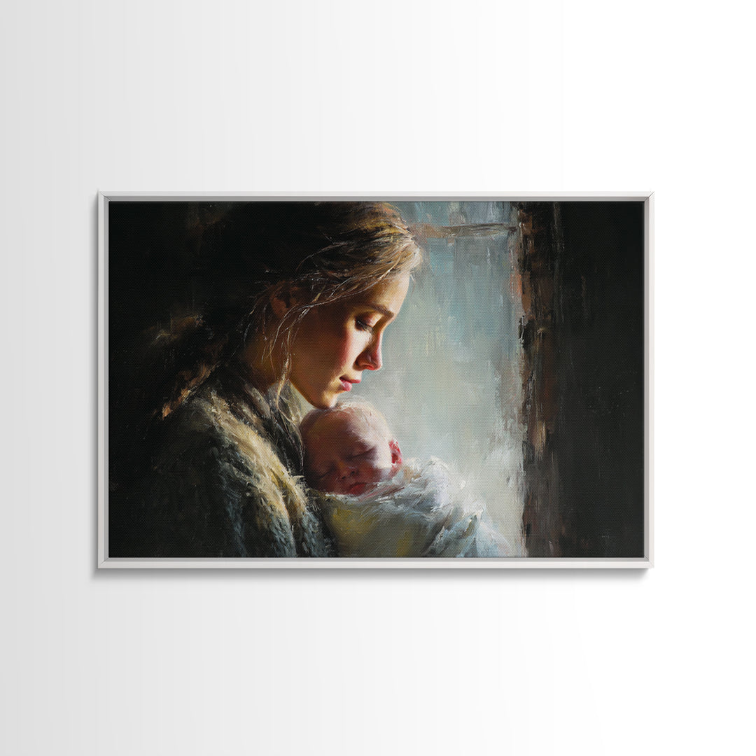 Moody Mother And Sleeping Baby By Rainy Window Framed Canvas Print, Dark Academia Wall Art, Nursery Decor, Gift For Mom, New Baby Gift