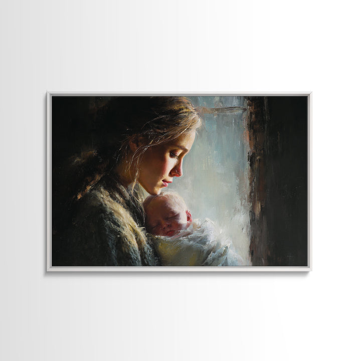 Moody Mother And Sleeping Baby By Rainy Window Framed Canvas Print, Dark Academia Wall Art, Nursery Decor, Gift For Mom, New Baby Gift