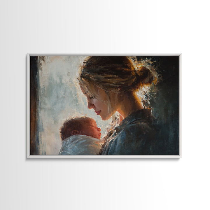 Soft Mother And Newborn Portrait In Window Light Canvas Print, Feminine Wall Art, Baby Nursery Decor, Gift For Mom, New Baby Gift