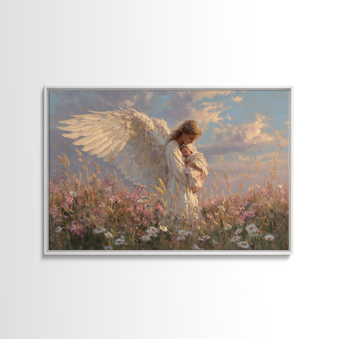 Guardian Angel Holding Baby In Wildflower Meadow Wall Art, Spiritual Nursery Decor, Christian Art Print, Baptism Gift For Her