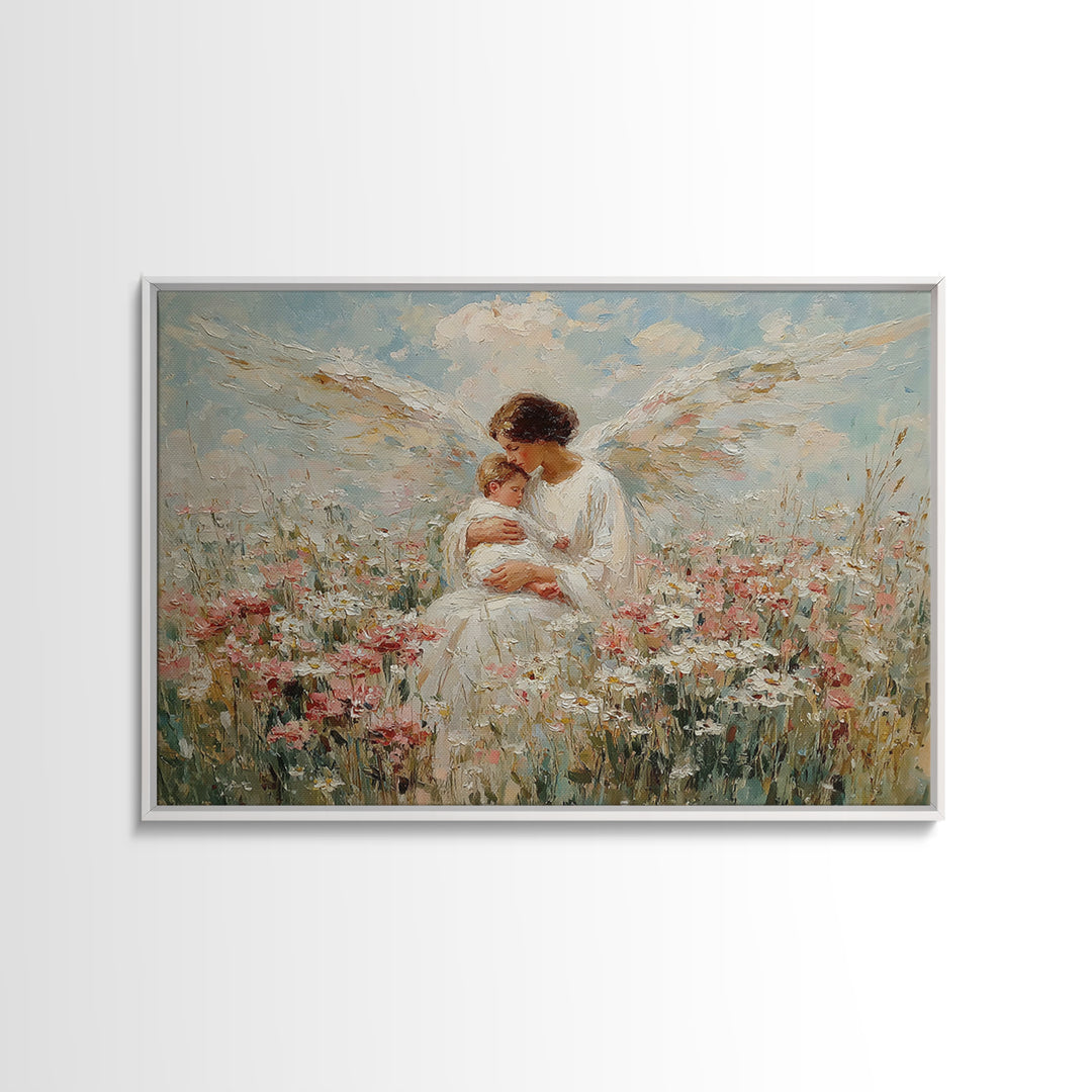 Guardian Angel Holding Baby In Wildflower Meadow Wall Art, Christian Nursery Decor, Motherhood Gift, Floral Canvas Print