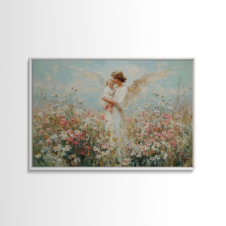 Angel Mother And Baby In Daisy Meadow Canvas Print, Christian Nursery Wall Art, Floral Home Decor, Mothers Day Gift For Mom