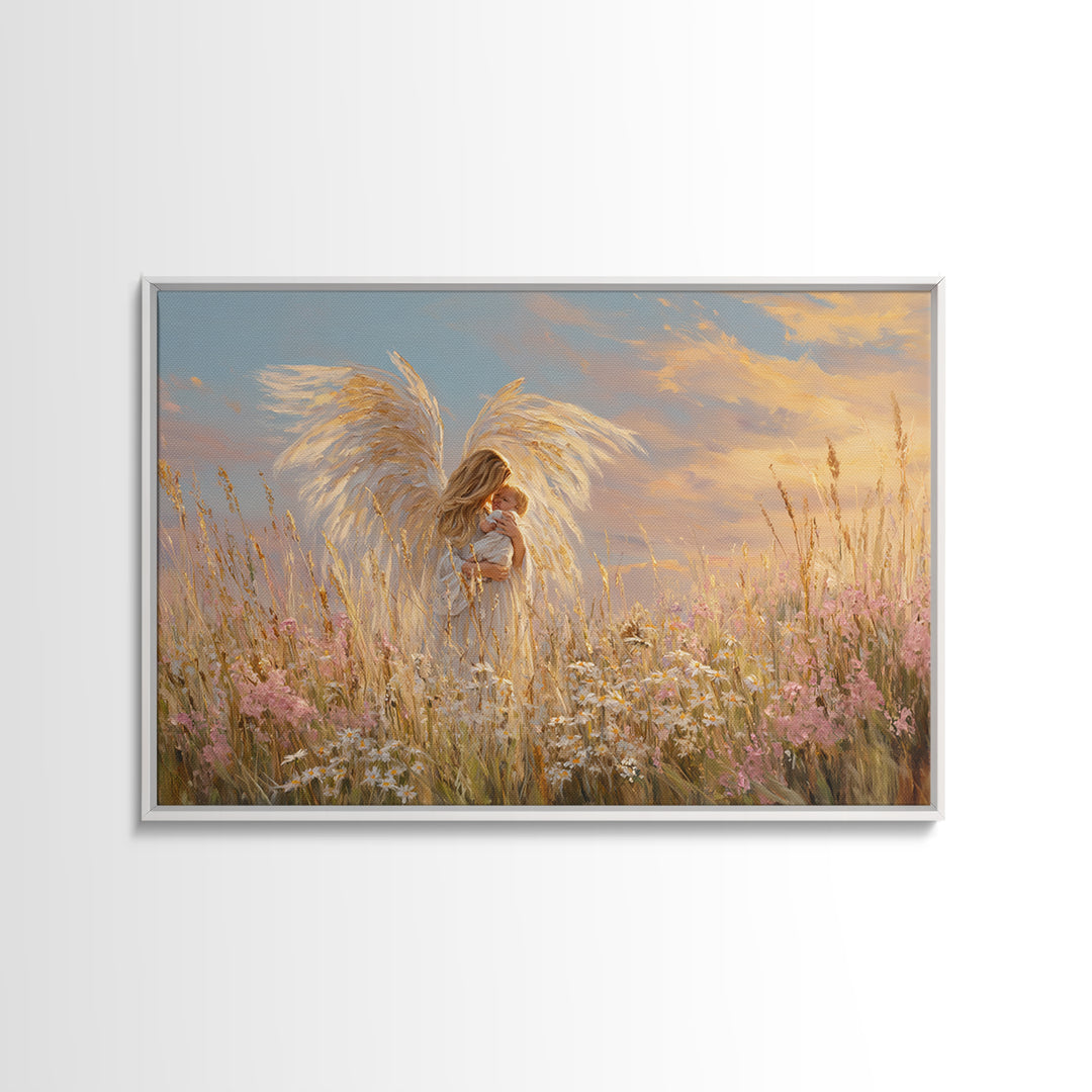 Golden Winged Angel With Baby At Sunset Framed Canvas Print, Christian Wall Art, Nursery Decor, Spiritual Gift For Mother