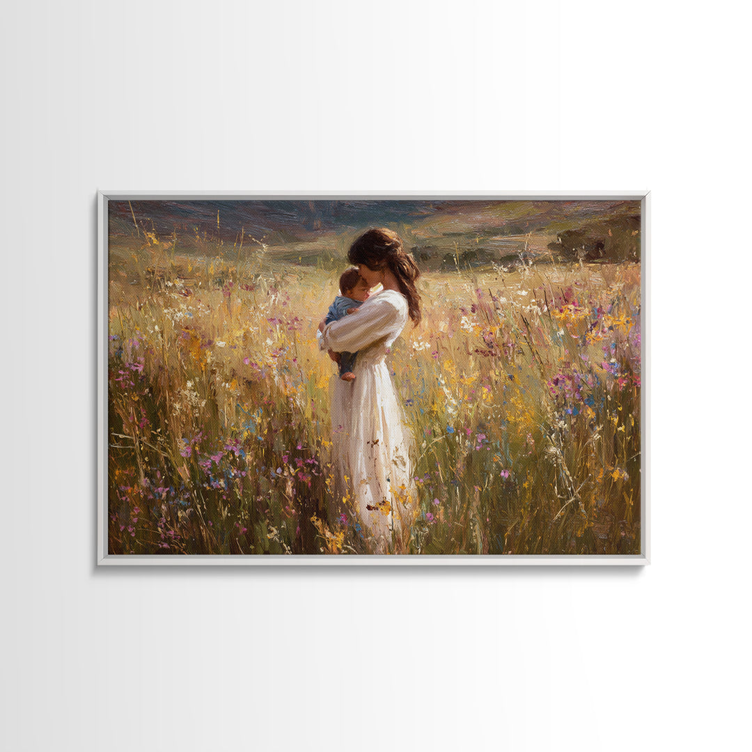 Mother Cradling Newborn In Sunlit Wildflowers Wall Art, Impressionist Oil Painting, Floral Nursery Decor, Gift For New Mom