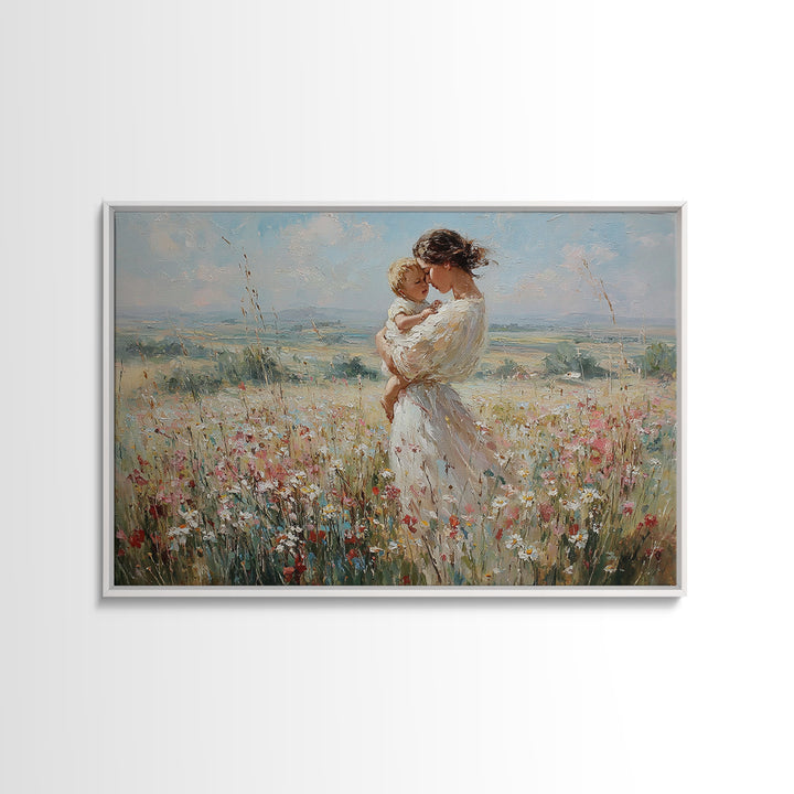 Mother And Child In Breezy Wildflower Field Canvas Print, Impressionist Wall Art, Nursery Decor, Baby Shower Gift For Mom
