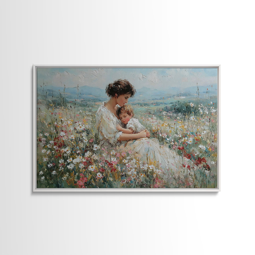 Seated Mother And Child Among Daisies Framed Canvas Print, Impressionist Wall Art, Floral Nursery Decor, Gift For New Mom