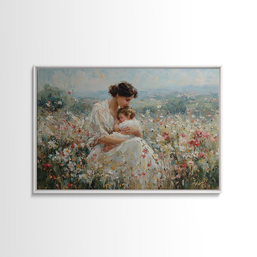 Mother Nursing Baby In Wildflower Meadow Wall Art, Impressionist Oil Painting, Christian Nursery Decor, Gift For New Mom