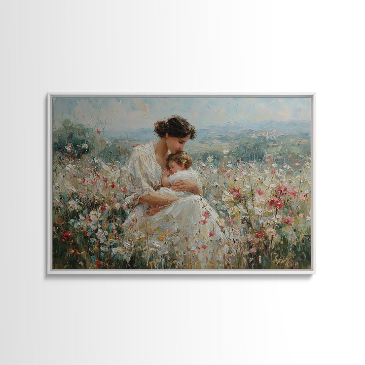 Mother Nursing Baby In Wildflower Meadow Wall Art, Impressionist Oil Painting, Christian Nursery Decor, Gift For New Mom