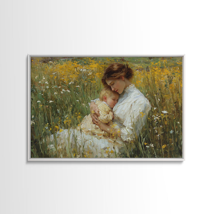 Mother And Sleeping Child In Yellow Wildflowers Canvas Print, Impressionist Wall Art, Floral Nursery Decor, Gift For Mom