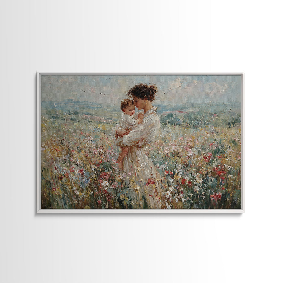 Mother Holding Baby In Mountain Wildflower Field Wall Art, Impressionist Canvas Print, Nursery Decor, Mothers Day Gift For Mom