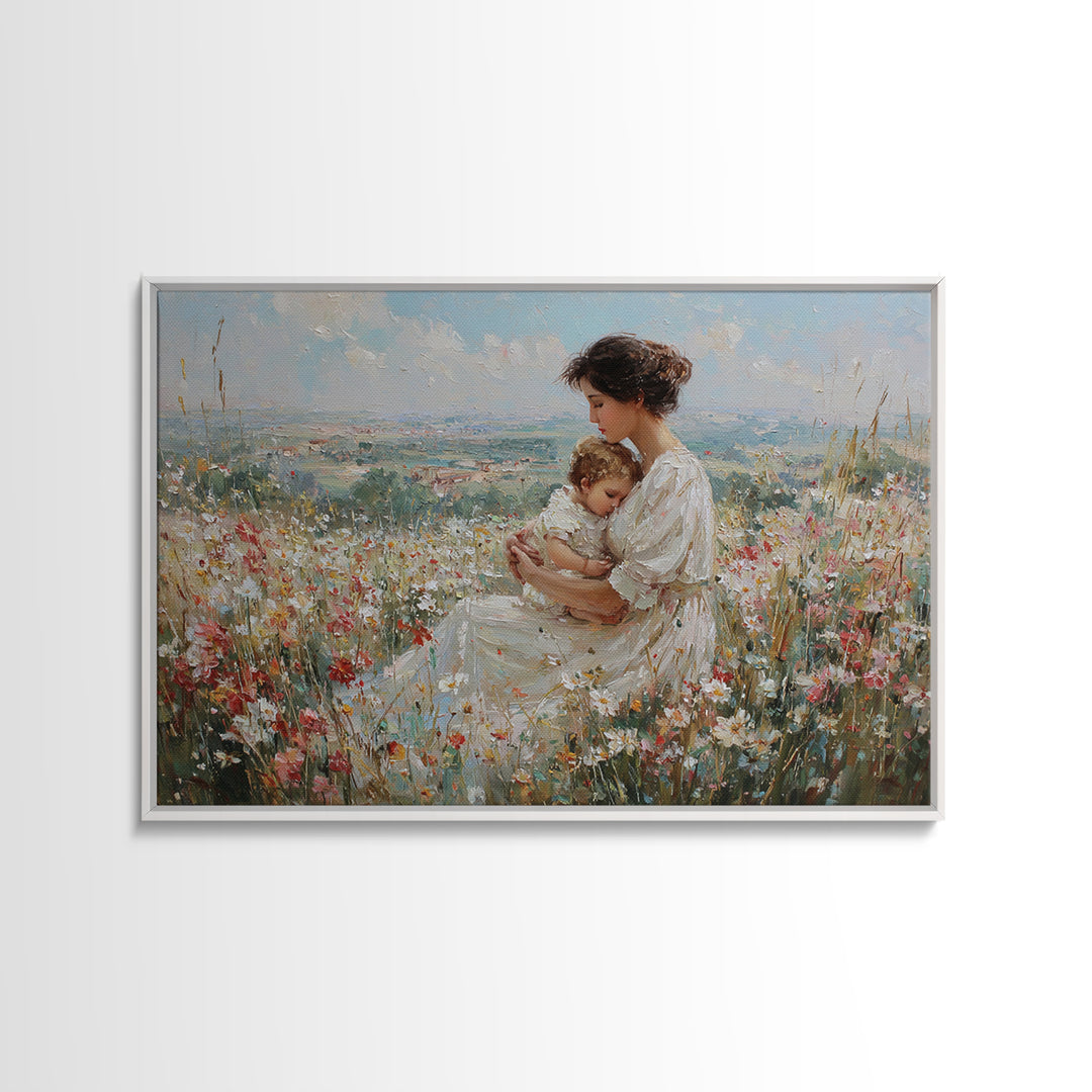 Seated Mother And Baby In Hilltop Wildflowers Canvas Print, Impressionist Landscape Art, Nursery Decor, Motherhood Gift For Her