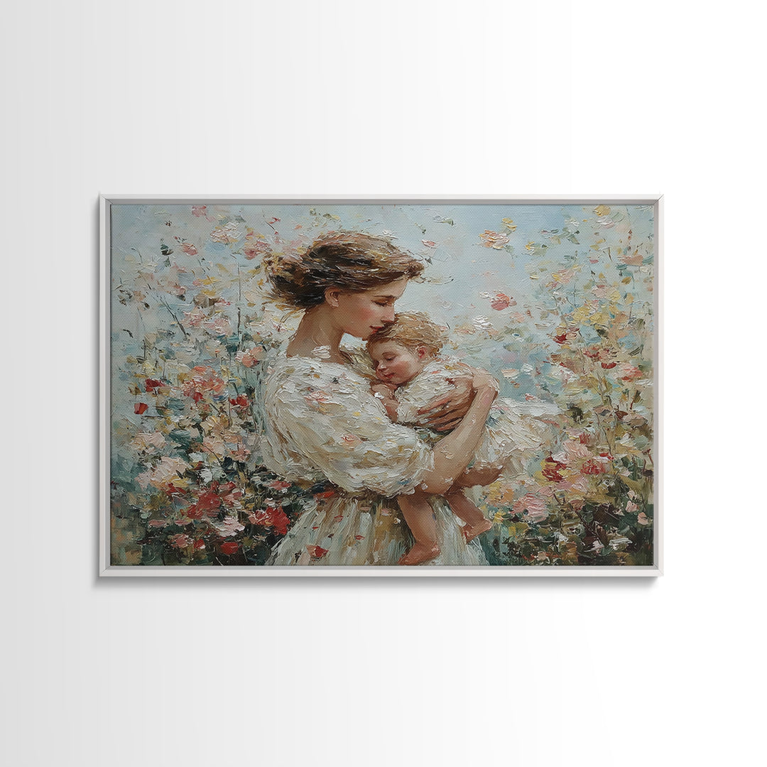 Tender Mother And Sleeping Baby In Floral Breeze Framed Canvas Print, Impressionist Wall Art, Nursery Decor, Gift For Mom