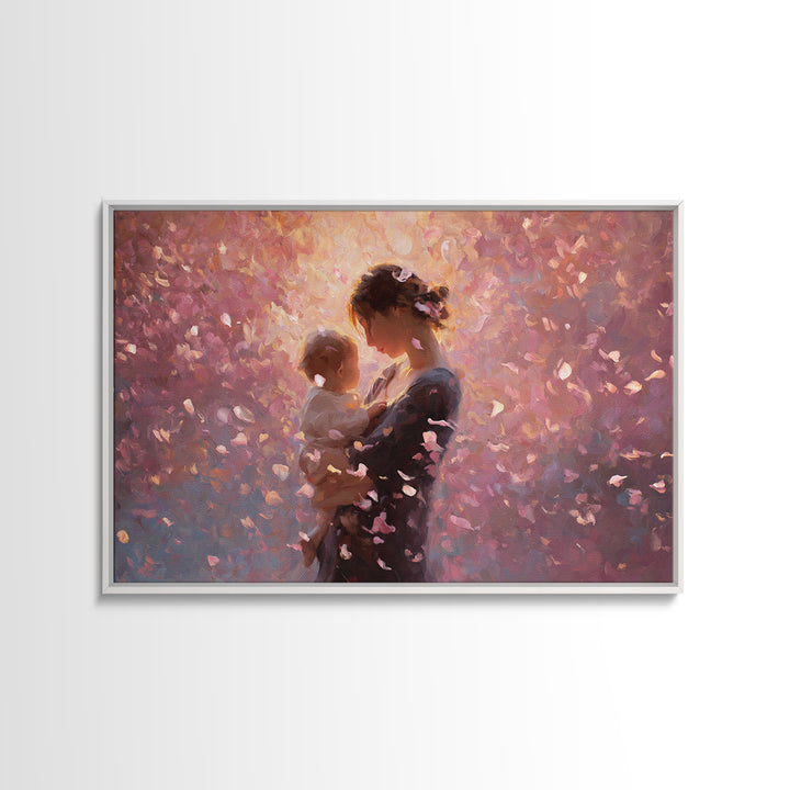 Backlit Mother And Baby In Blush Petals Wall Art, Romantic Impressionist Canvas, Feminine Nursery Decor, Gift For Her, Home Decor