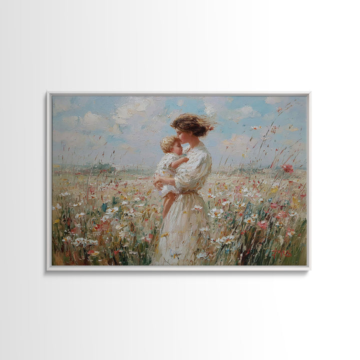 Mother Kissing Baby In Sunny Wildflower Field Wall Art, Impressionist Floral Canvas Print, Nursery Decor, Gift For Mom, Home Decor