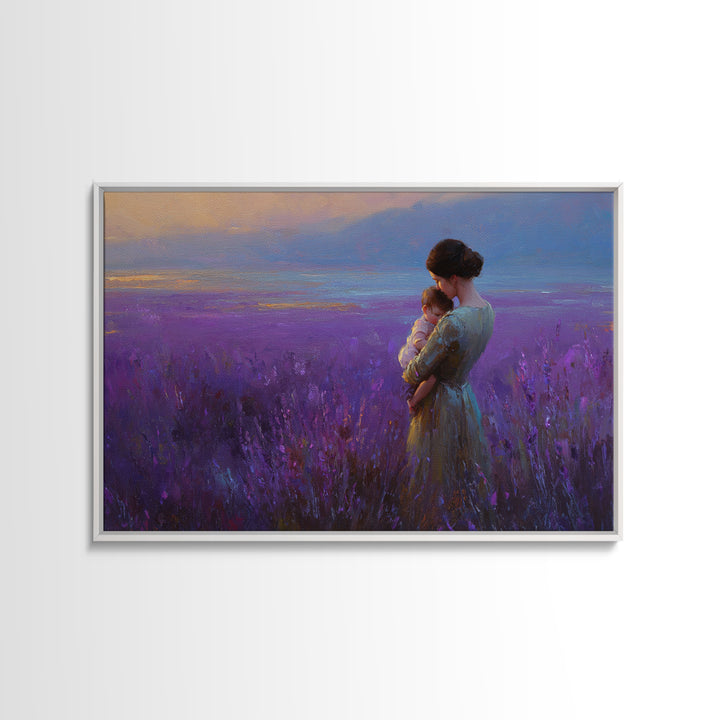 Mother And Baby In Lavender Sunset Field Wall Art, Impressionist Landscape Canvas Print, Purple Bedroom Decor, Gift For Her