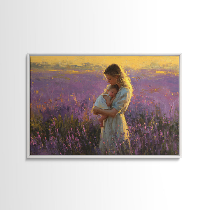 Mother And Baby In Lavender Sunset Wall Art, Impressionist Oil Painting Print, Feminine Nursery Decor, Gift For Mom, Mothers Day Gift