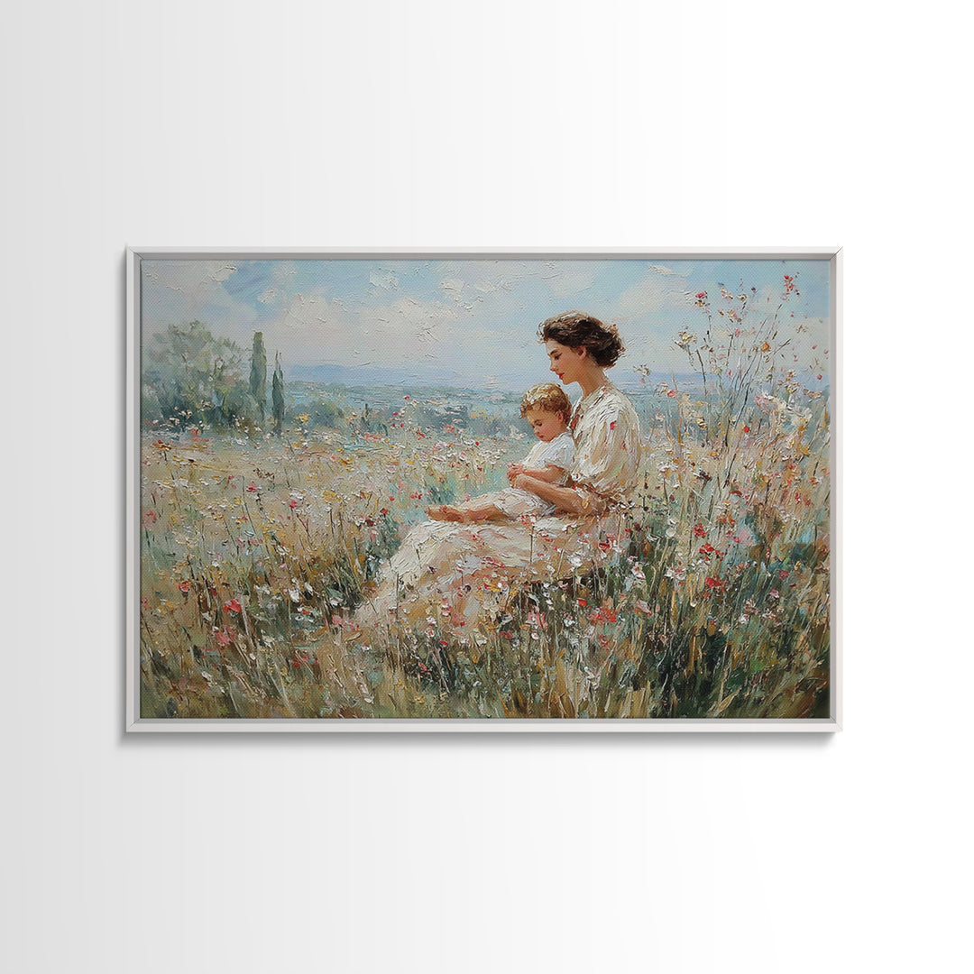 Mother And Child In Wildflower Meadow Canvas Print, Impressionist Landscape Art, Soft Nursery Decor, Gift For Mom, Fine Art