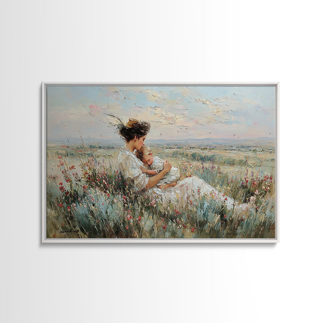 Mother Cradling Baby In Wildflower Meadow Wall Art, Impressionist Oil Painting Print, Nursery Wall Decor, Gift For Mom, Mothers Day Gift
