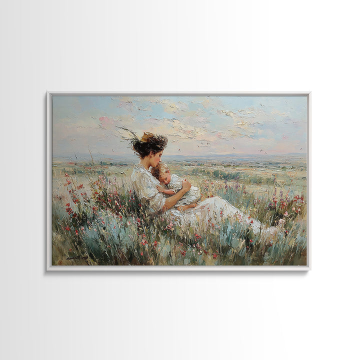 Mother Cradling Baby In Wildflower Meadow Wall Art, Impressionist Oil Painting Print, Nursery Wall Decor, Gift For Mom, Mothers Day Gift