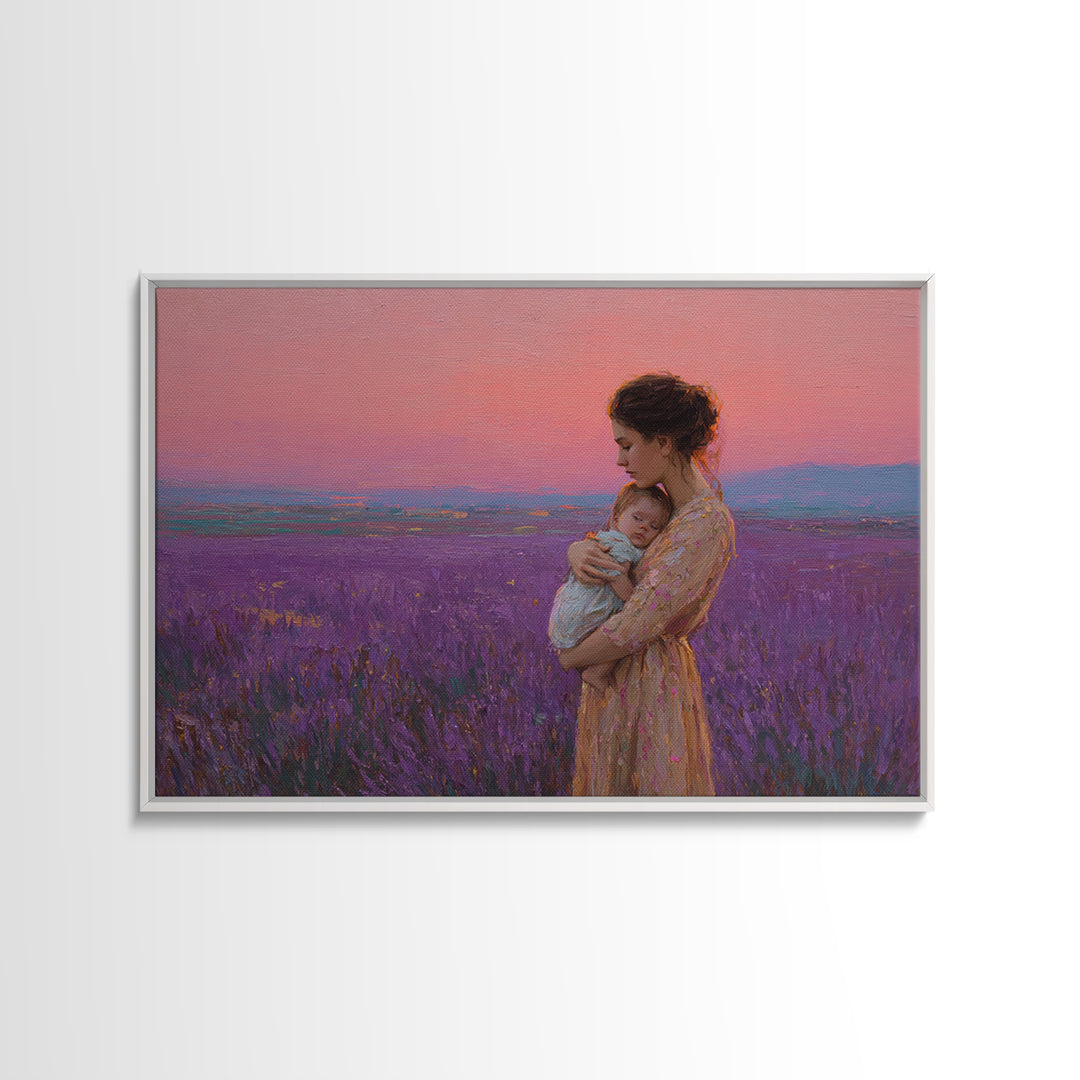 Mother And Baby In Pink Lavender Field Framed Canvas Print, Romantic Nursery Wall Art, Impressionist Landscape, Gift For Mom