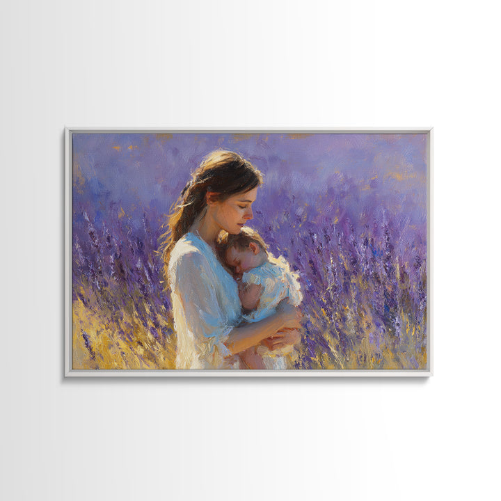 Tender Mother And Sleeping Baby Lavender Wall Art, Impressionist Oil Painting Print, Feminine Nursery Decor, Gift For Mom