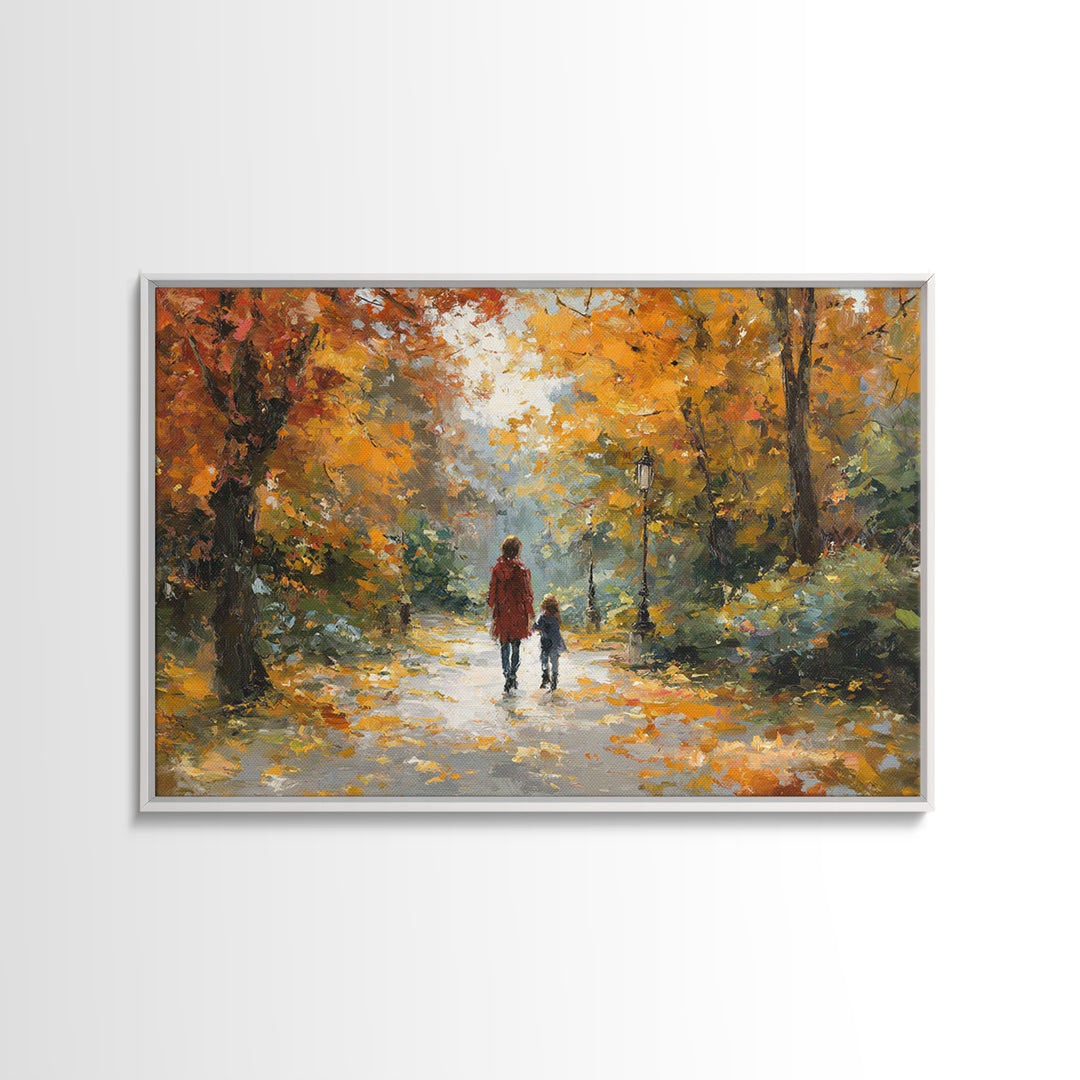 Mother And Child In Golden Autumn Park Framed Canvas Print, Impressionist Fall Landscape Wall Art, Cozy Living Room Decor