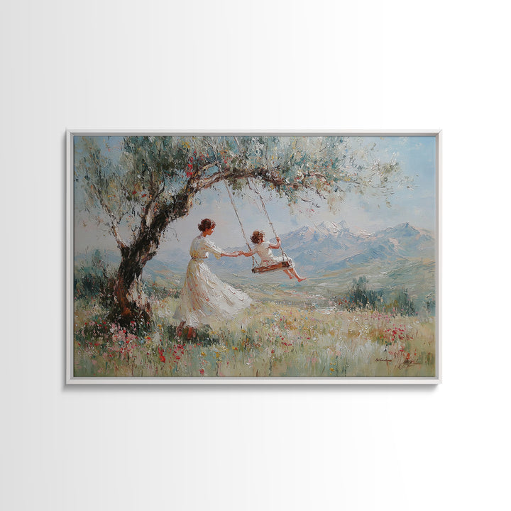 Mother Pushing Child On Meadow Swing Wall Art, Mountain Landscape Oil Painting Print, Whimsical Nursery Decor, Gift For Mom