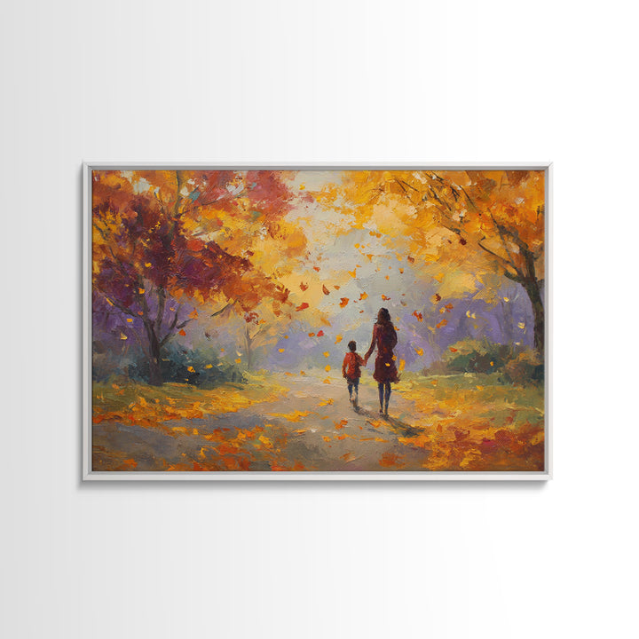 Mother And Child Under Golden Autumn Trees Canvas Print, Impressionist Fall Landscape Wall Art, Cozy Home Decor, Gift For Mom