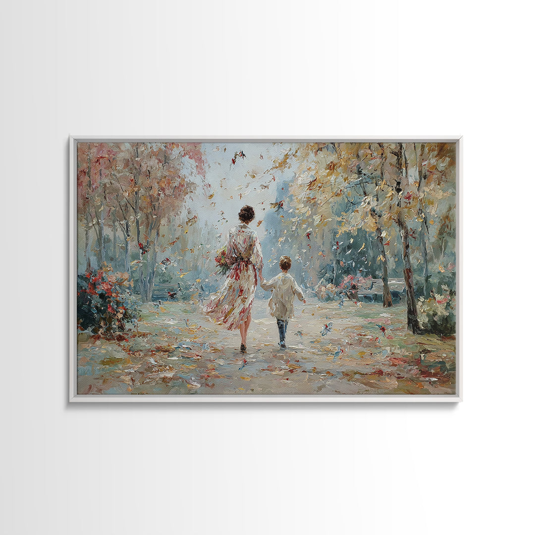 Mother And Child Autumn Park Walk Wall Art, Impressionist Painting Print, Feminine Living Room Decor, Housewarming Gift For Her