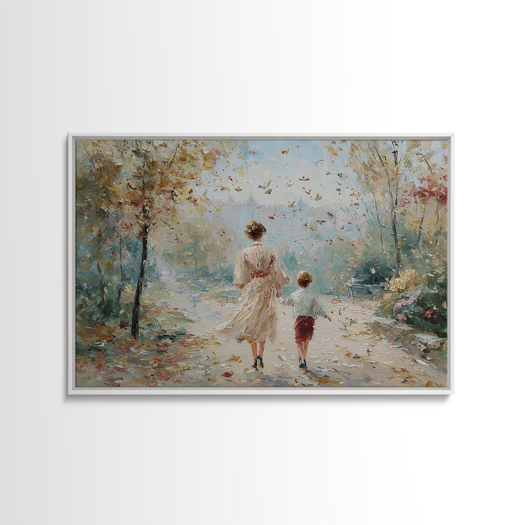 Mother And Son Garden Stroll Canvas Print, Impressionist Landscape Painting, Feminine Living Room Wall Decor, Gift For Mom