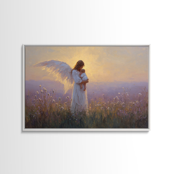 Guardian Angel Holding Baby Framed Canvas Print, Golden Meadow Oil Painting, Spiritual Nursery Decor, Christian Gift For Mom