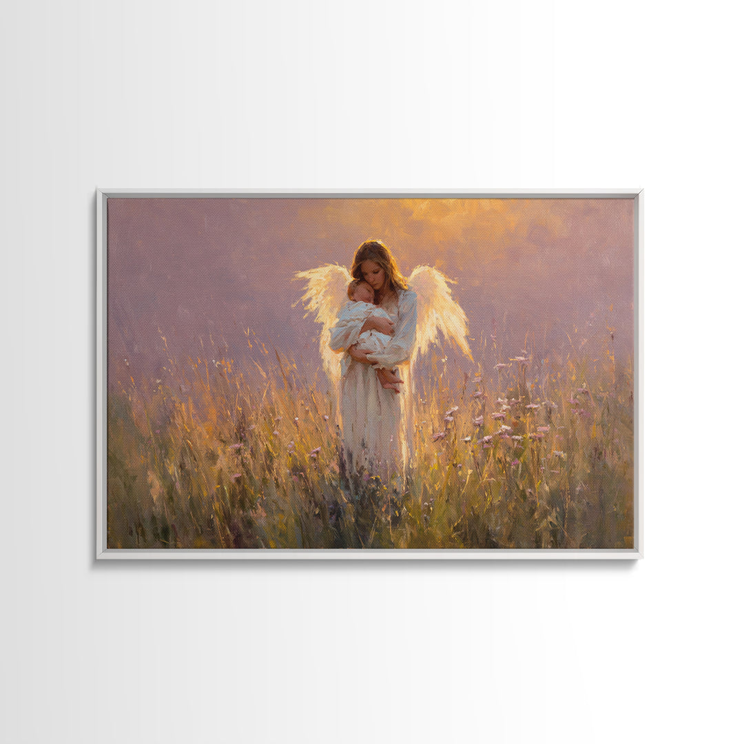 Angel Mother Cradling Newborn Canvas Print, Glowing Wildflower Oil Painting, Christian Nursery Wall Decor, Gift For New Mom