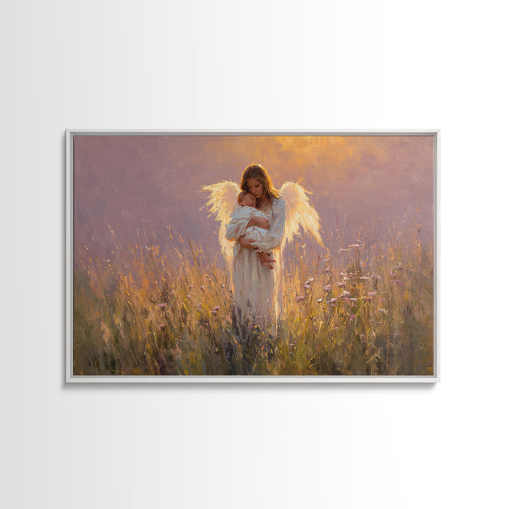 Angel Mother Cradling Newborn Canvas Print, Glowing Wildflower Oil Painting, Christian Nursery Wall Decor, Gift For New Mom