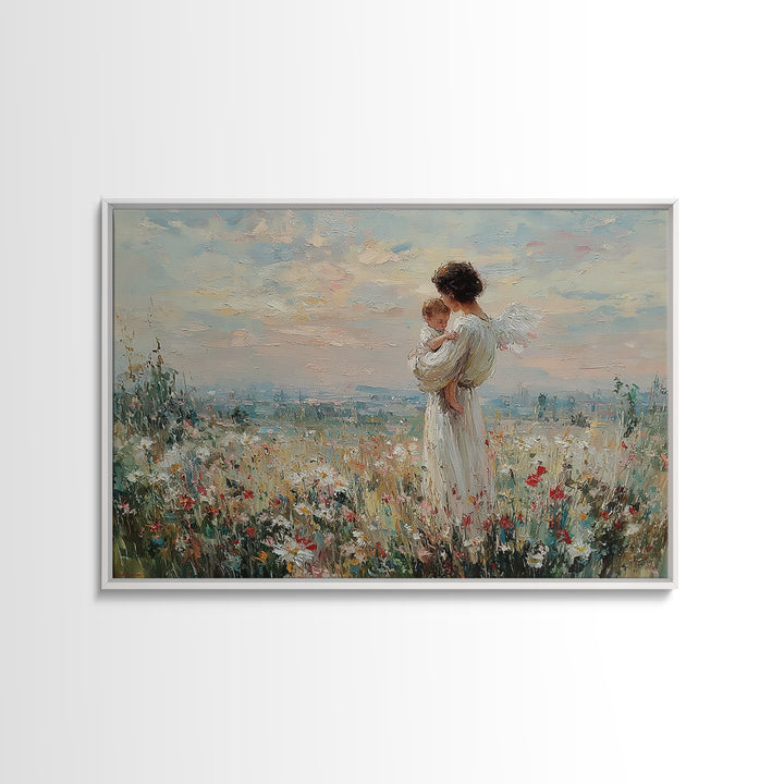 Angel Mother With Baby Wildflower Wall Art, Pastel Meadow Oil Painting Print, Spiritual Nursery Decor, Christian Gift For Mom