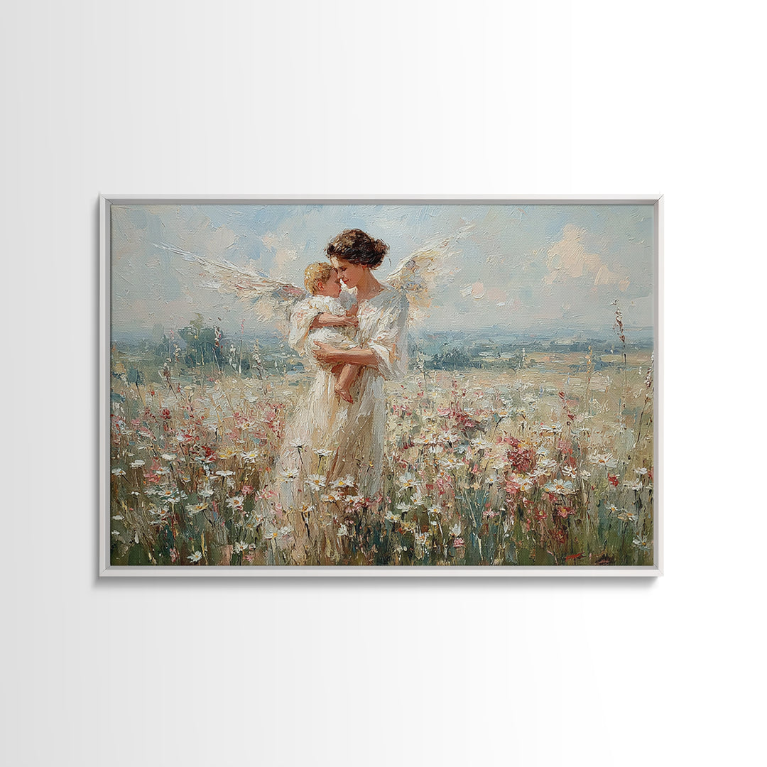 Angel Mother Kissing Baby Canvas Print, Bright Wildflower Meadow Painting, Spiritual Wall Decor, Nursery Art Gift For Mom