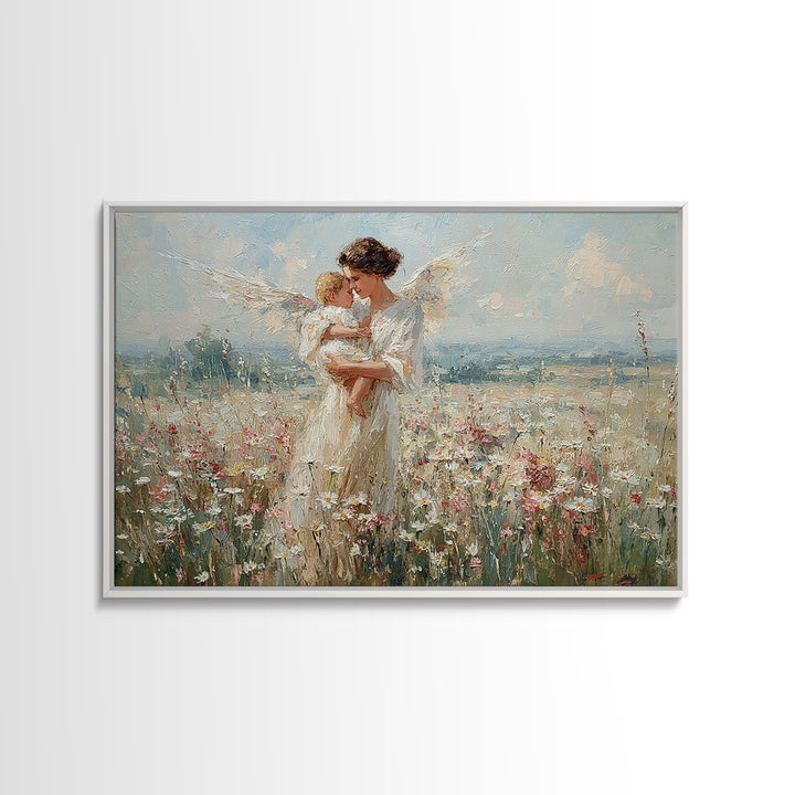 Angel Mother Kissing Baby Canvas Print, Bright Wildflower Meadow Painting, Spiritual Wall Decor, Nursery Art Gift For Mom