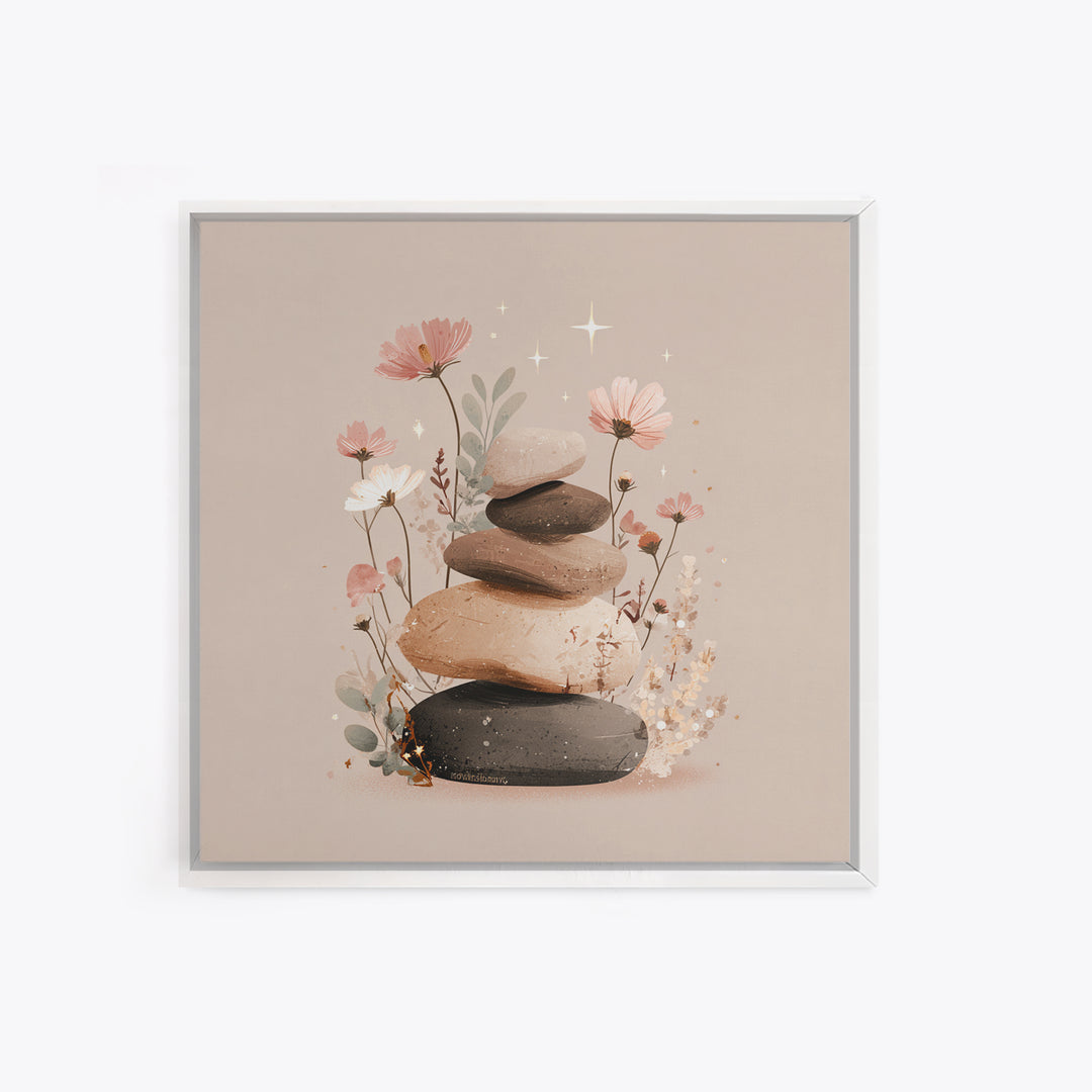 Stacked Zen Stones With Blush Flowers Wall Art, Neutral Spa Decor Canvas, Botanical Bathroom Print, Mindfulness Gift, Home Decor
