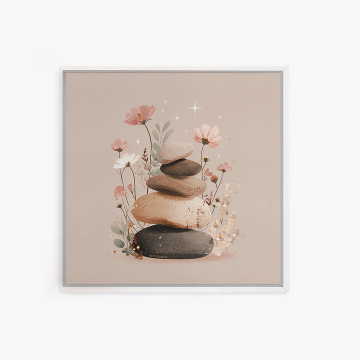 Stacked Zen Stones With Blush Flowers Wall Art, Neutral Spa Decor Canvas, Botanical Bathroom Print, Mindfulness Gift, Home Decor