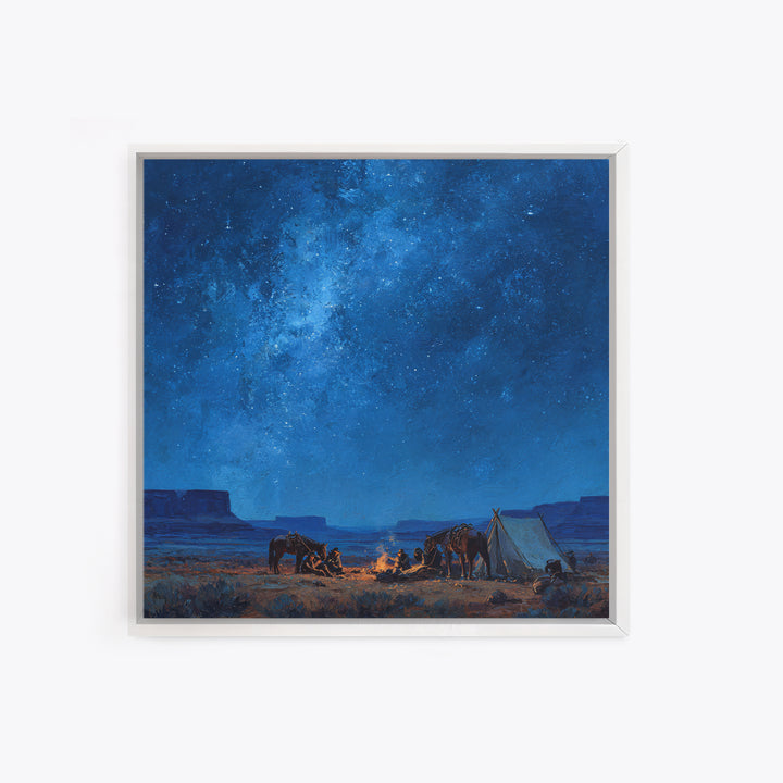 Cowboys Around Campfire Under Milky Way Wall Art, Western Night Desert Painting Print, Rustic Cabin Decor Living Room Art