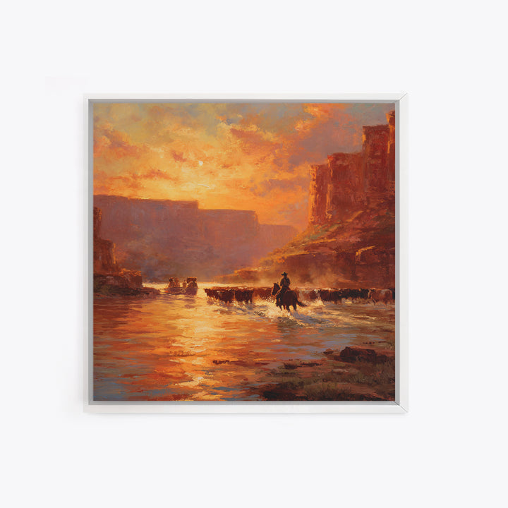 Cowboy Cattle Drive Sunset River Western Landscape Wall Art Canvas Print Rustic Home Decor Living Room Western Wall Art