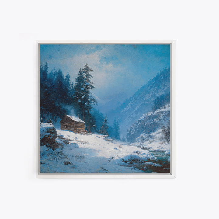 Cozy Winter Cabin In Snowy Mountain Valley Wall Art Print, Rustic Landscape Home Decor, Calming Nature Canvas Print